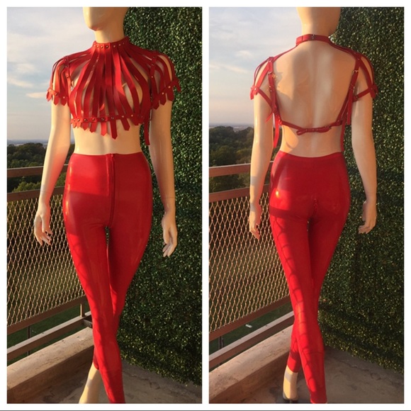 Leather Caged Harness Latex Pantsuit-Red (Small/4) - Picture 6 of 7